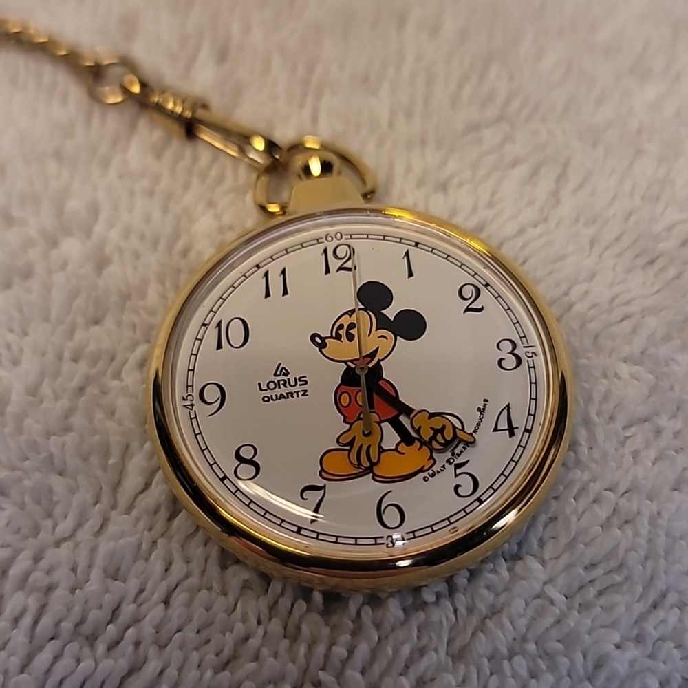 Vintage Lorus Quartz Disney Mickey Mouse Gold Tone Pocket Watch